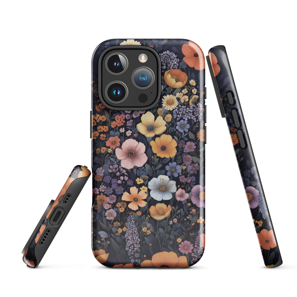 Phone case with colourful wildflowers on dark background, floral art design