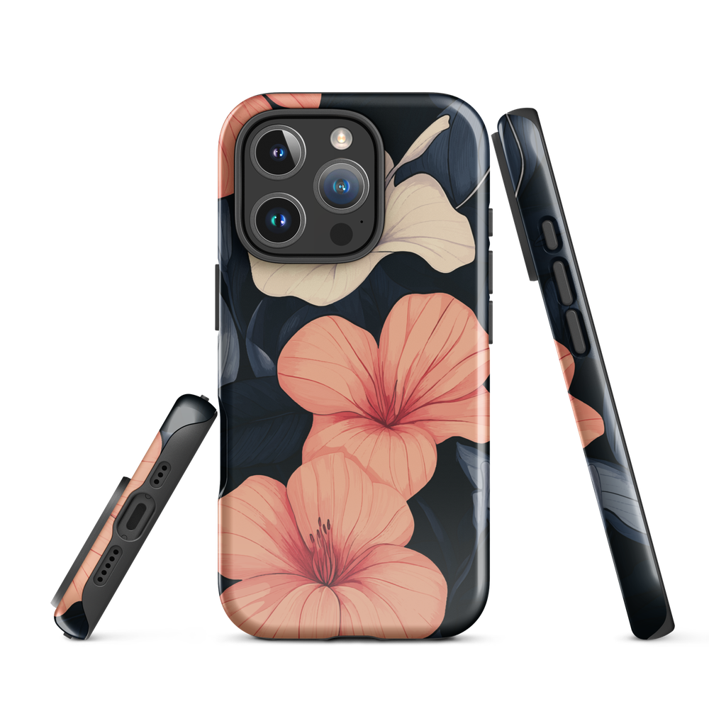 Phone case with coral hibiscus flowers and ivory blooms on dark background