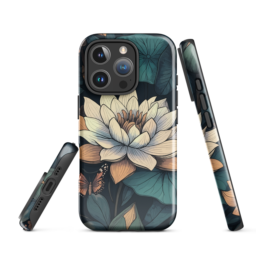 Phone case with ivory water lily, green leaves, and butterfly accents on dark background