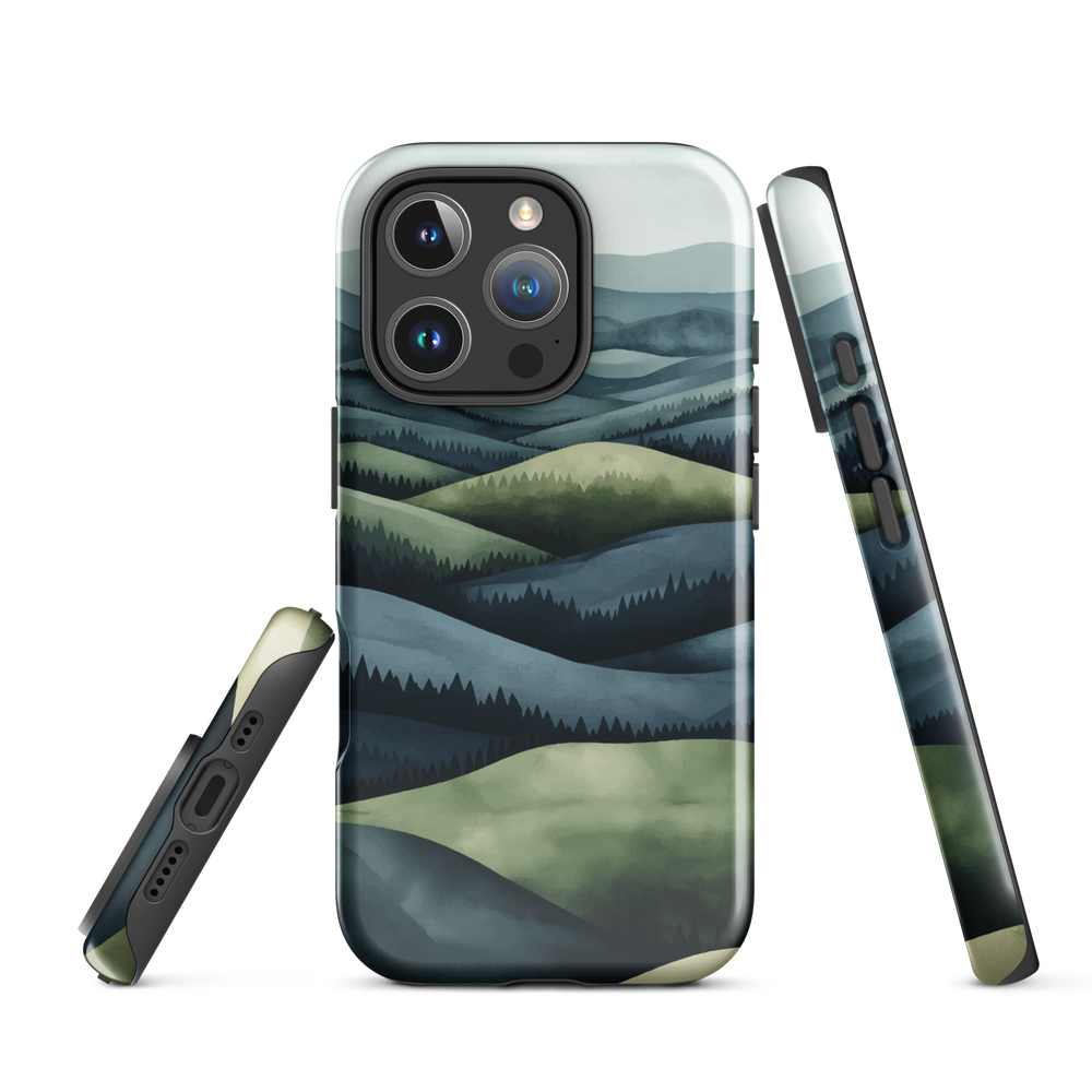 Phone case with layered mountain and forest landscape in blue and green hues