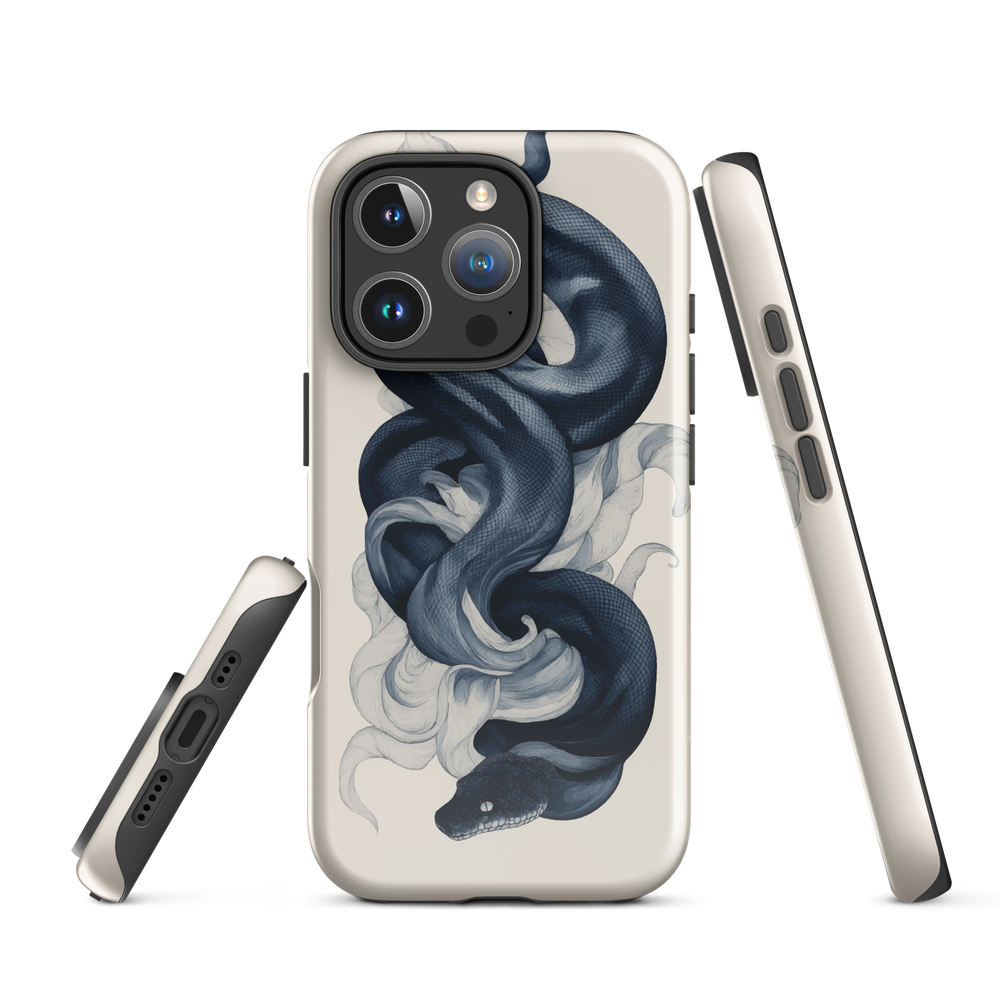 Phone case with black python and smoke design on cream background
