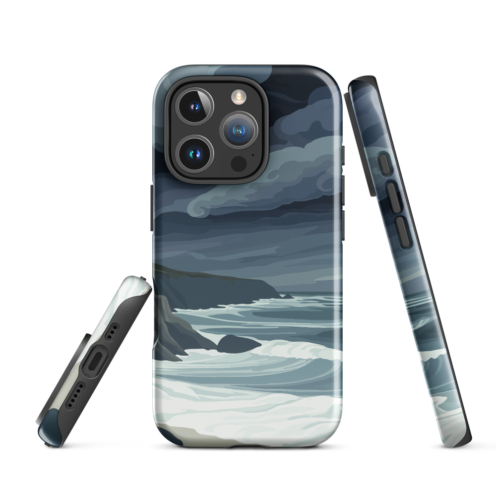 Phone case featuring moody Cape Kidnappers coastline with crashing waves and dark skies