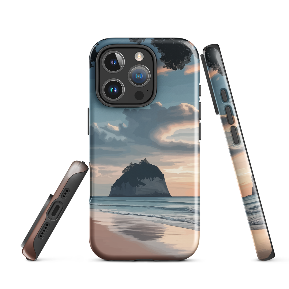 Phone case with Cathedral Cove beach and sunset scene, featuring soft skies and sea stack