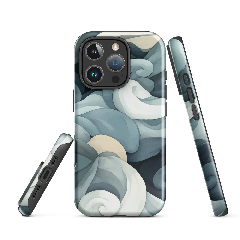 Phone case with abstract swirling ocean waves in blue and cream