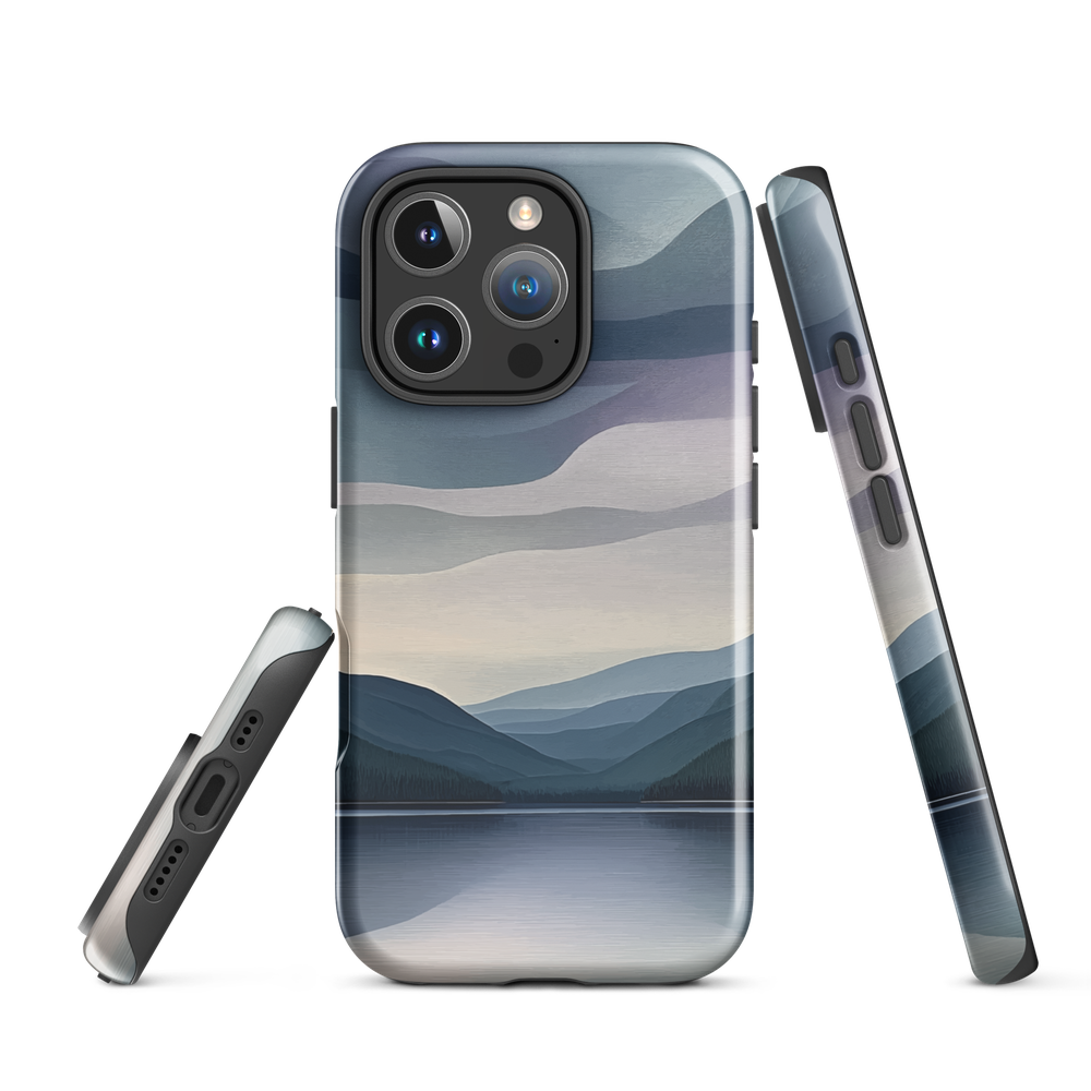 Phone case with moody blue and purple layered mountain and lake landscape artwork