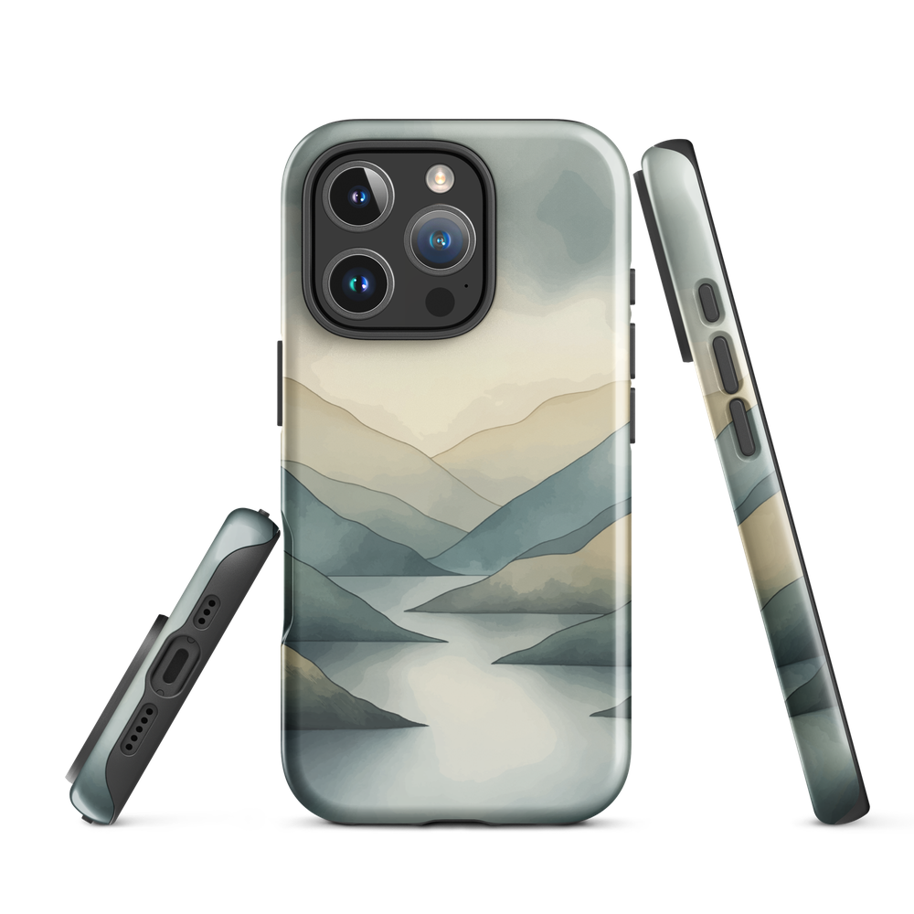 Phone case with soft mountain and valley design in misty green, blue, and golden tones