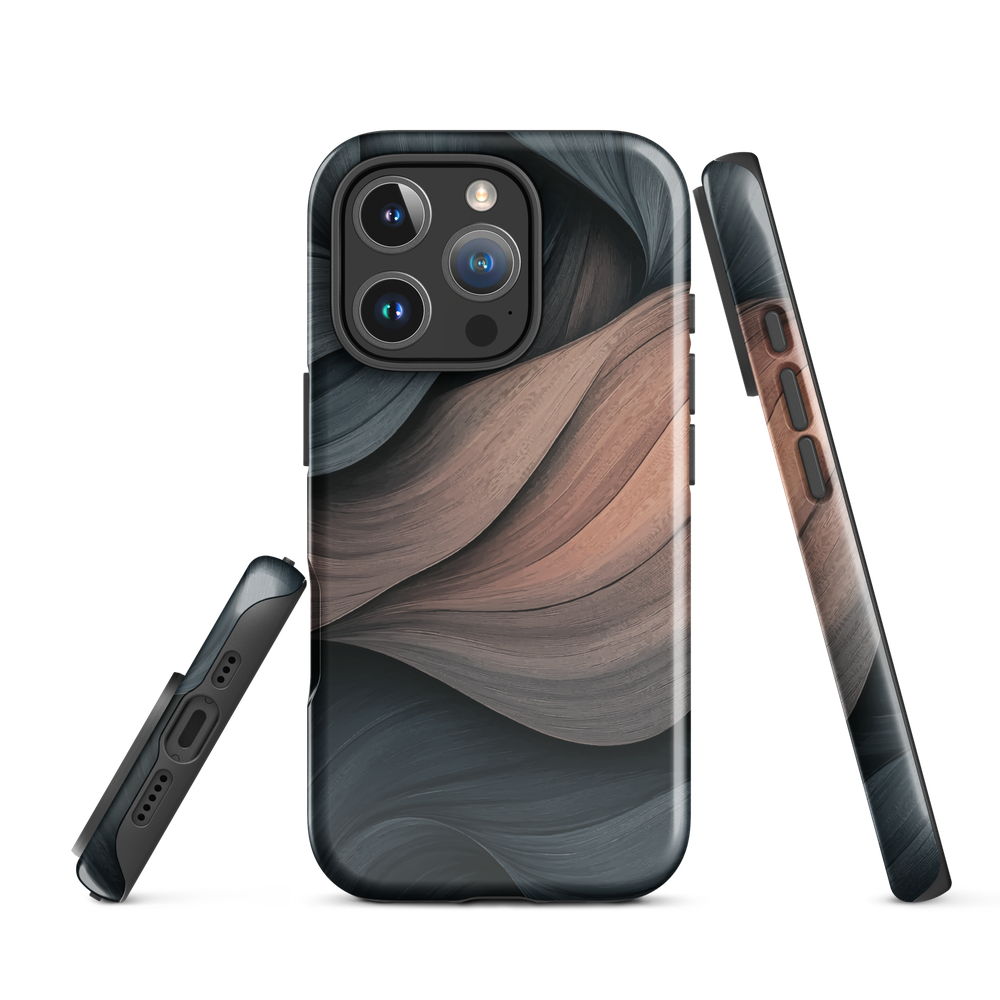 Phone case with flowing abstract design in black, copper and charcoal tones, inspired by dusk shadows