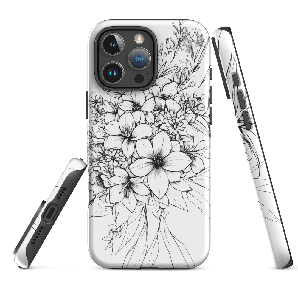Black and white floral phone case with hand-drawn lilies and wildflowers