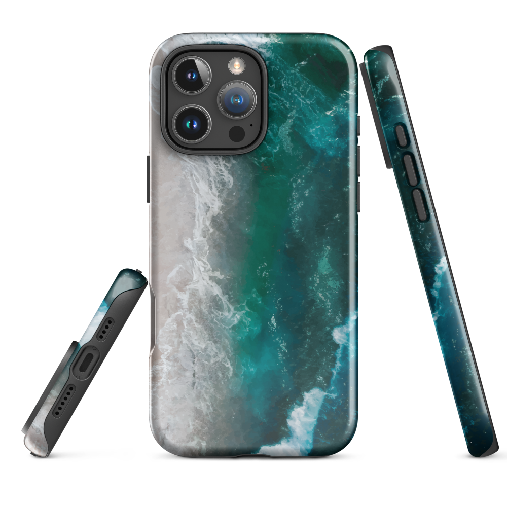Ocean wave phone case with abstract beach design in teal and white, by NZ artist Ben Hart.