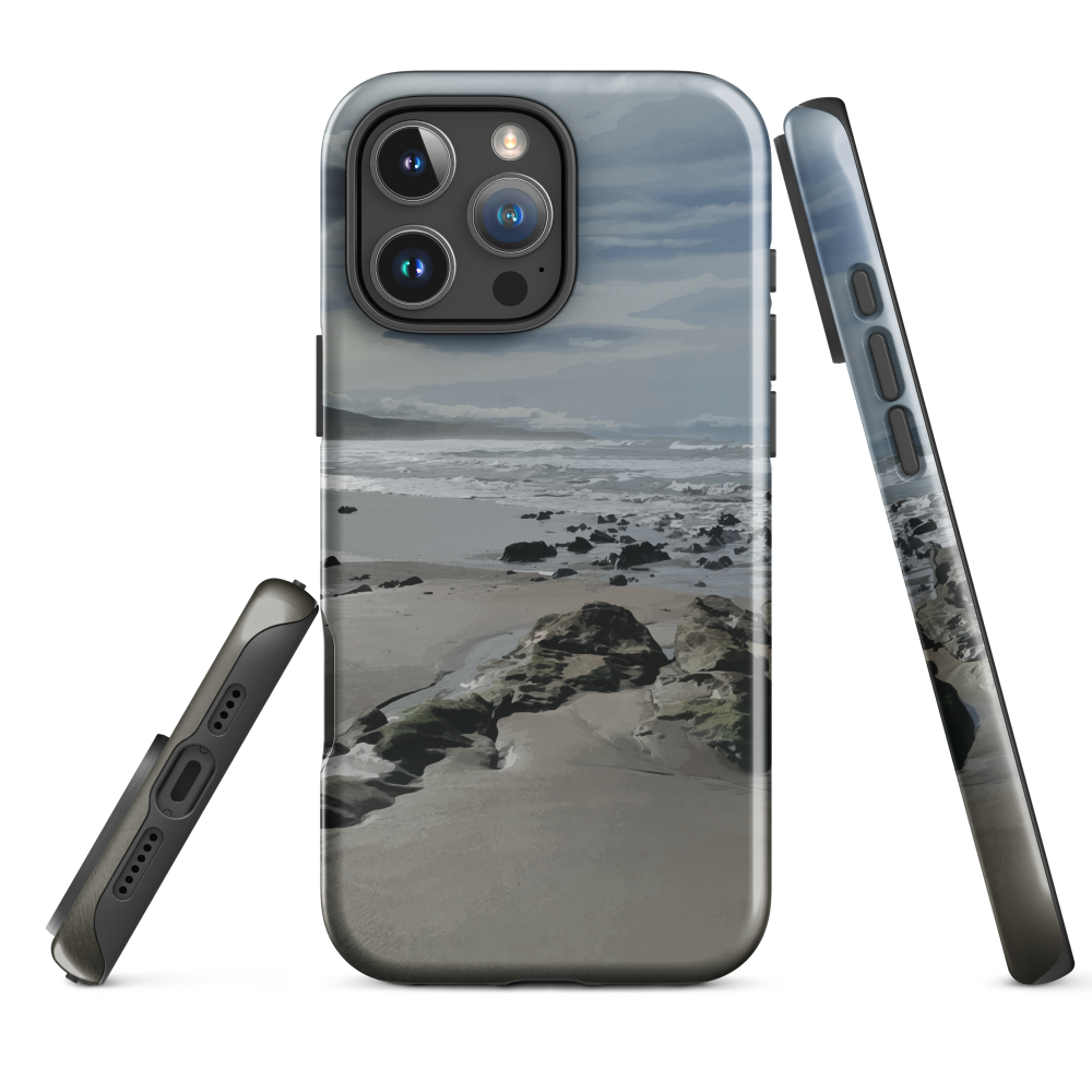 Phone case with artwork of Riversdale Beach, Masterton – rocks, waves and sky by NZ artist Ben Hart.