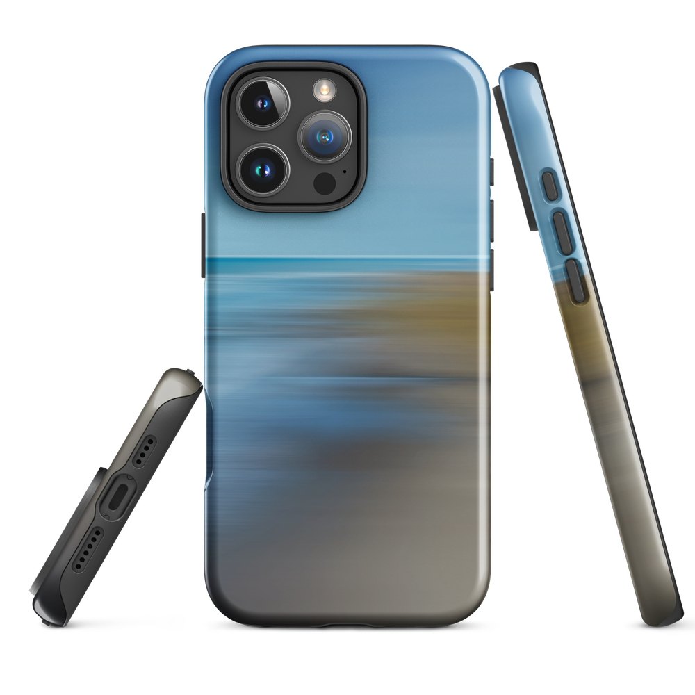 Ocean Breeze phone case with abstract blue and sandy tones inspired by sea and sky.