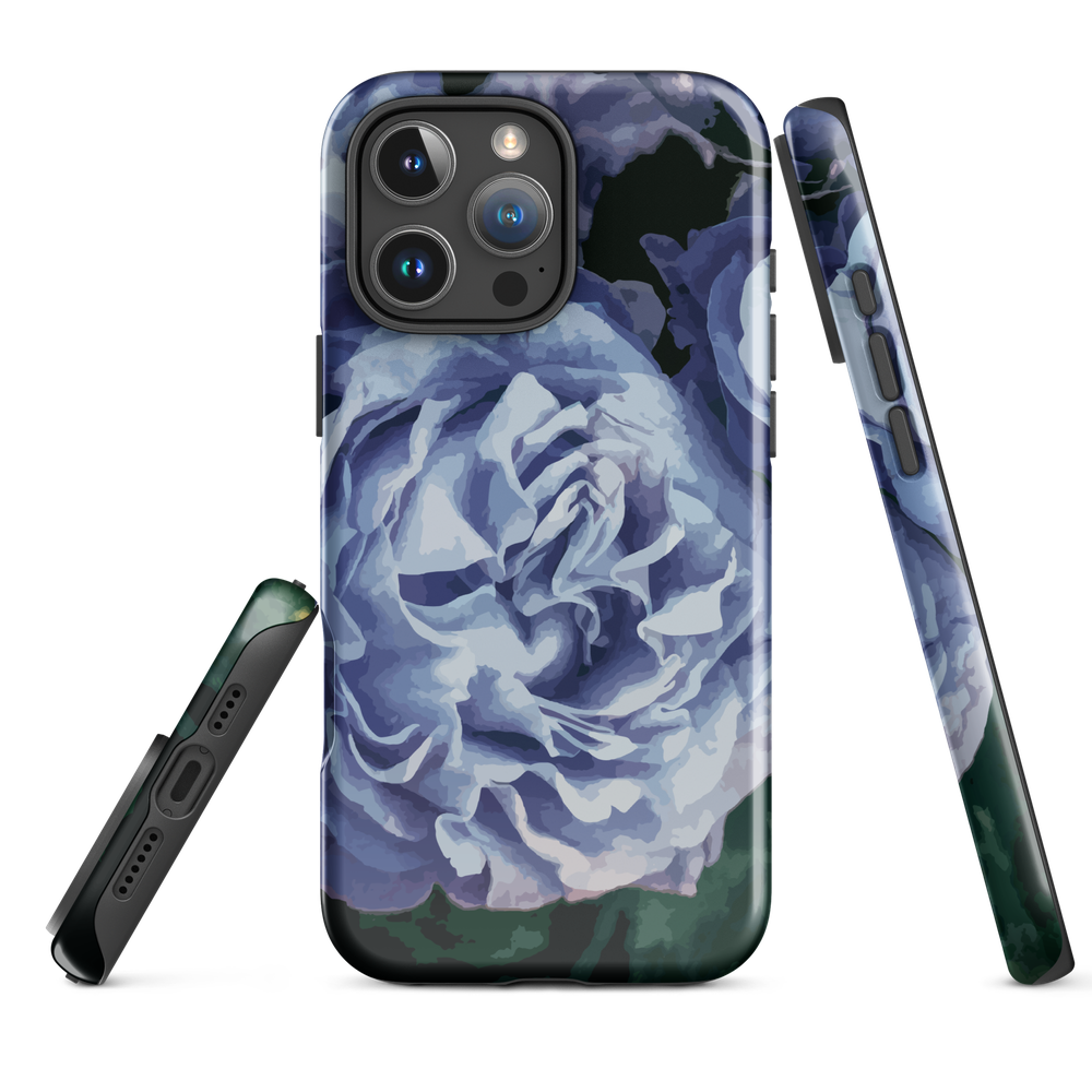 Designer phone case with a bold blue rose artwork and glossy finish.