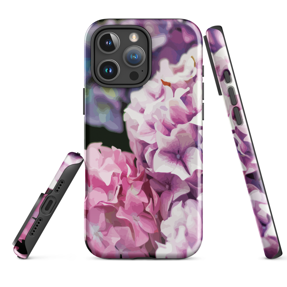 Designer phone case with pink and purple hydrangea floral artwork.