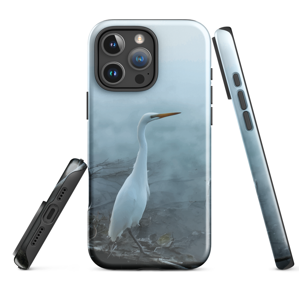 Phone case with a white heron standing in a misty wetland scene.