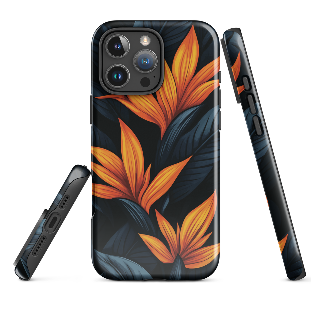 Phone case with bold orange bird of paradise flowers on dark background.