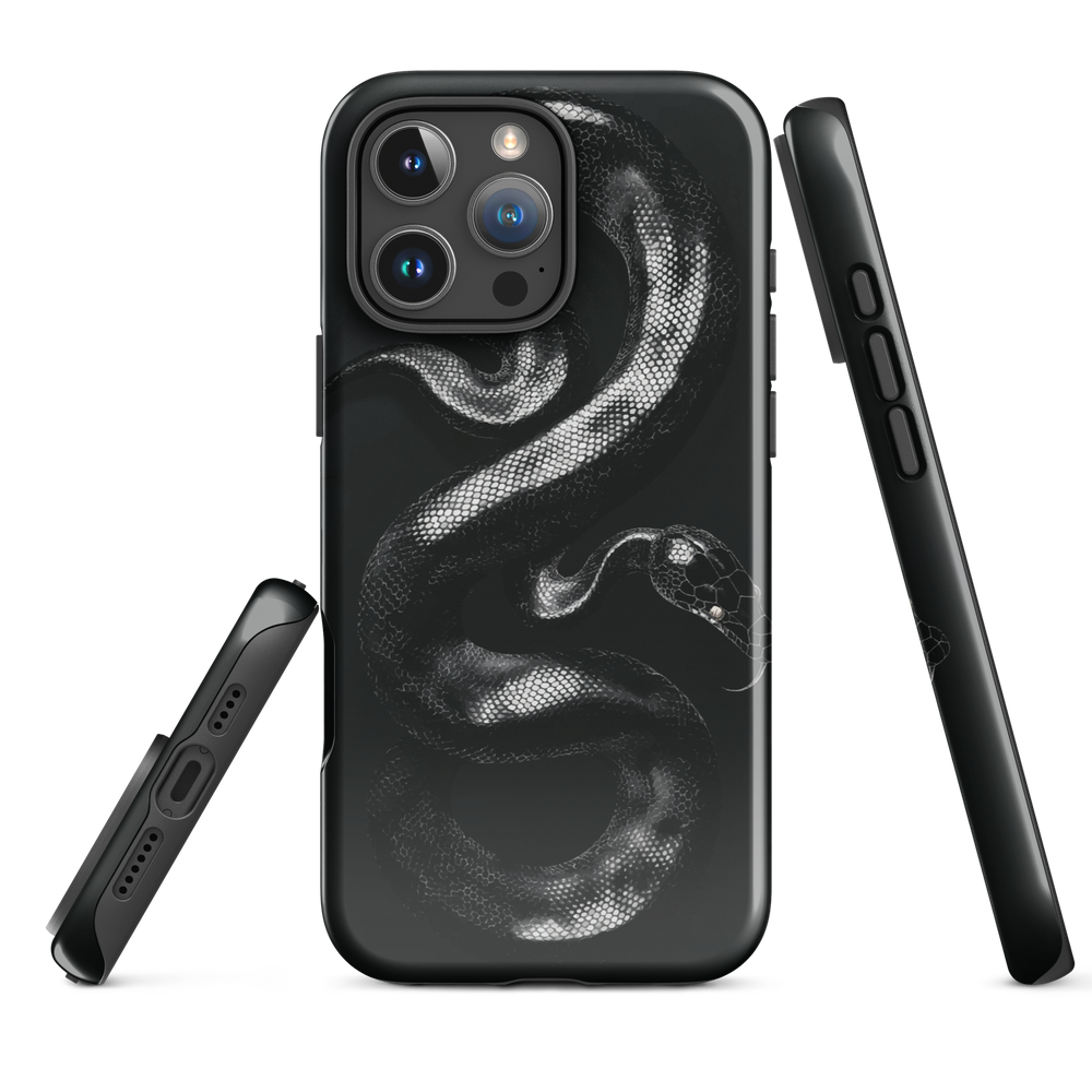 Phone case with detailed black python design on dark background.