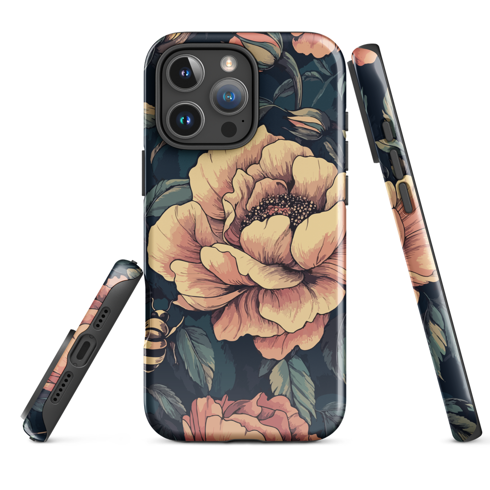Phone case with vintage-style pink roses and bees on dark background, floral New Zealand artwork.