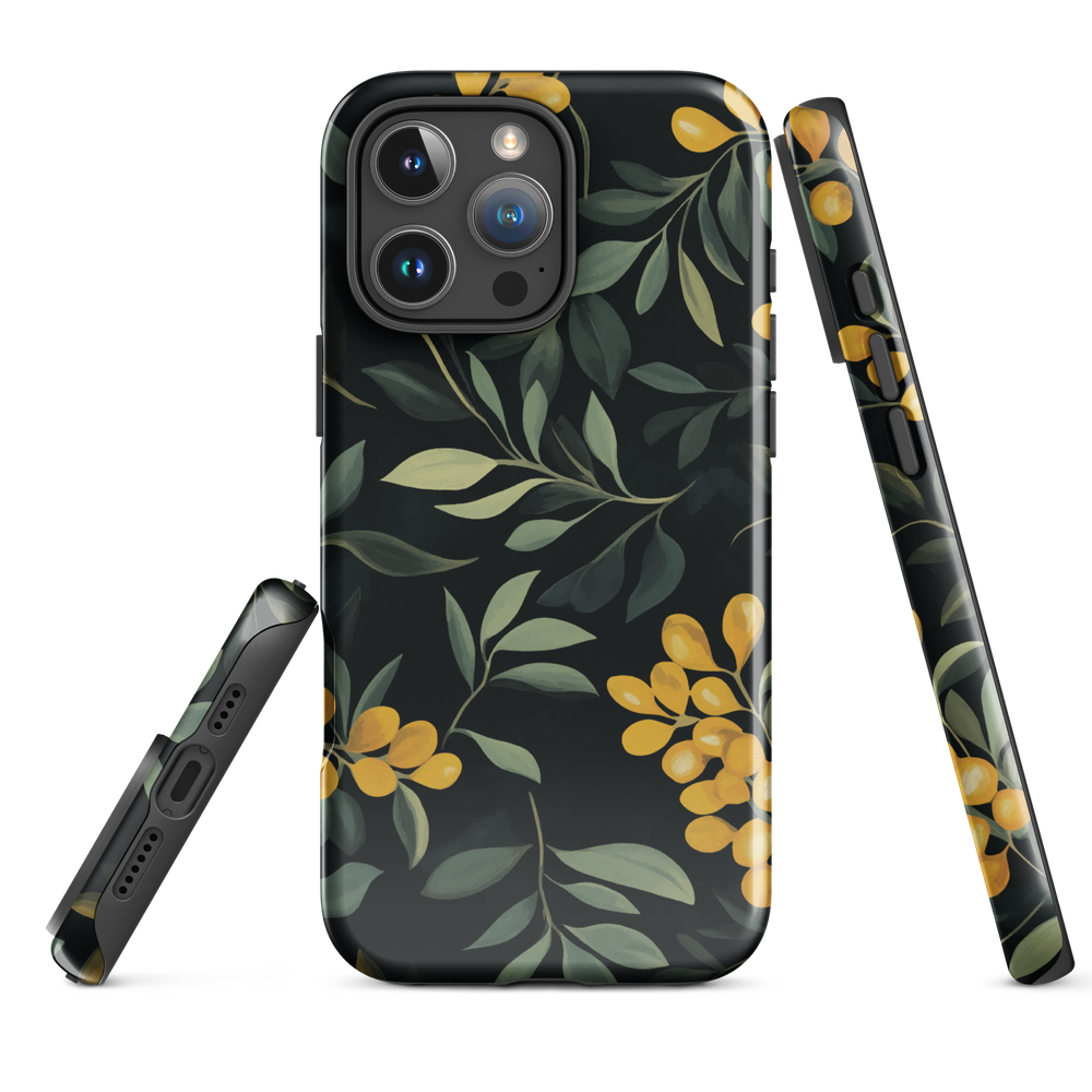 NZ Kowhai phone case with native yellow floral and green leaves on black background by designer Ben Hart.