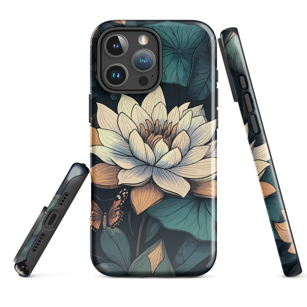Phone case with ivory water lily, green leaves, and butterfly accents on dark background
