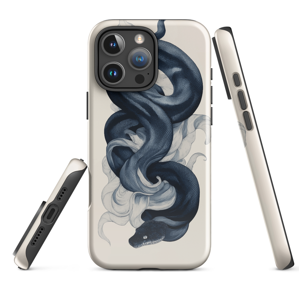 Phone case with black python and smoke design on cream background