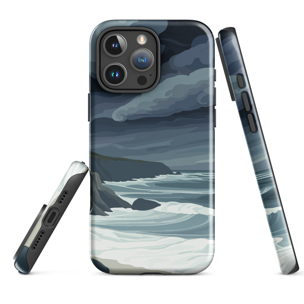 Phone case featuring moody Cape Kidnappers coastline with crashing waves and dark skies