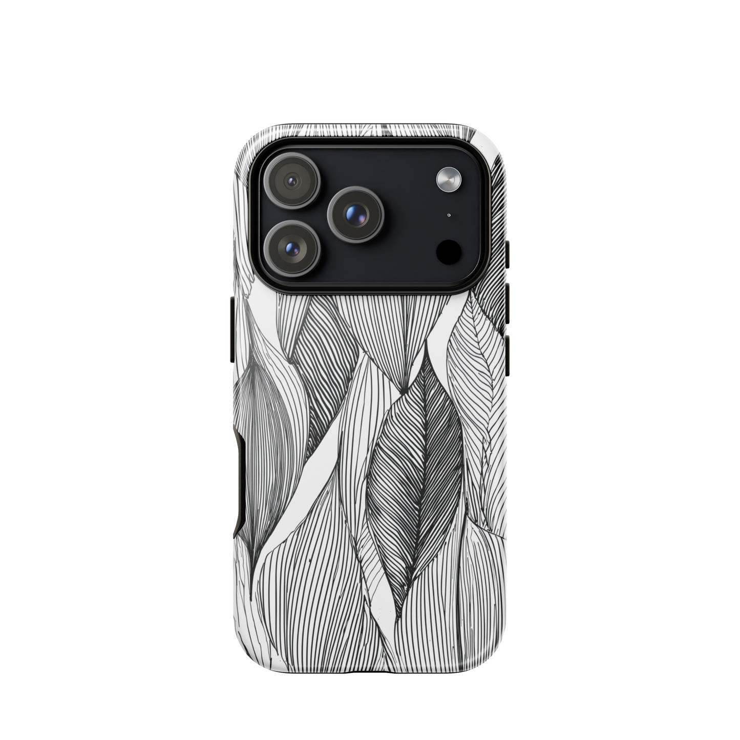 A minimalist phone case featuring fine black botanical linework in a repeating leaf pattern.