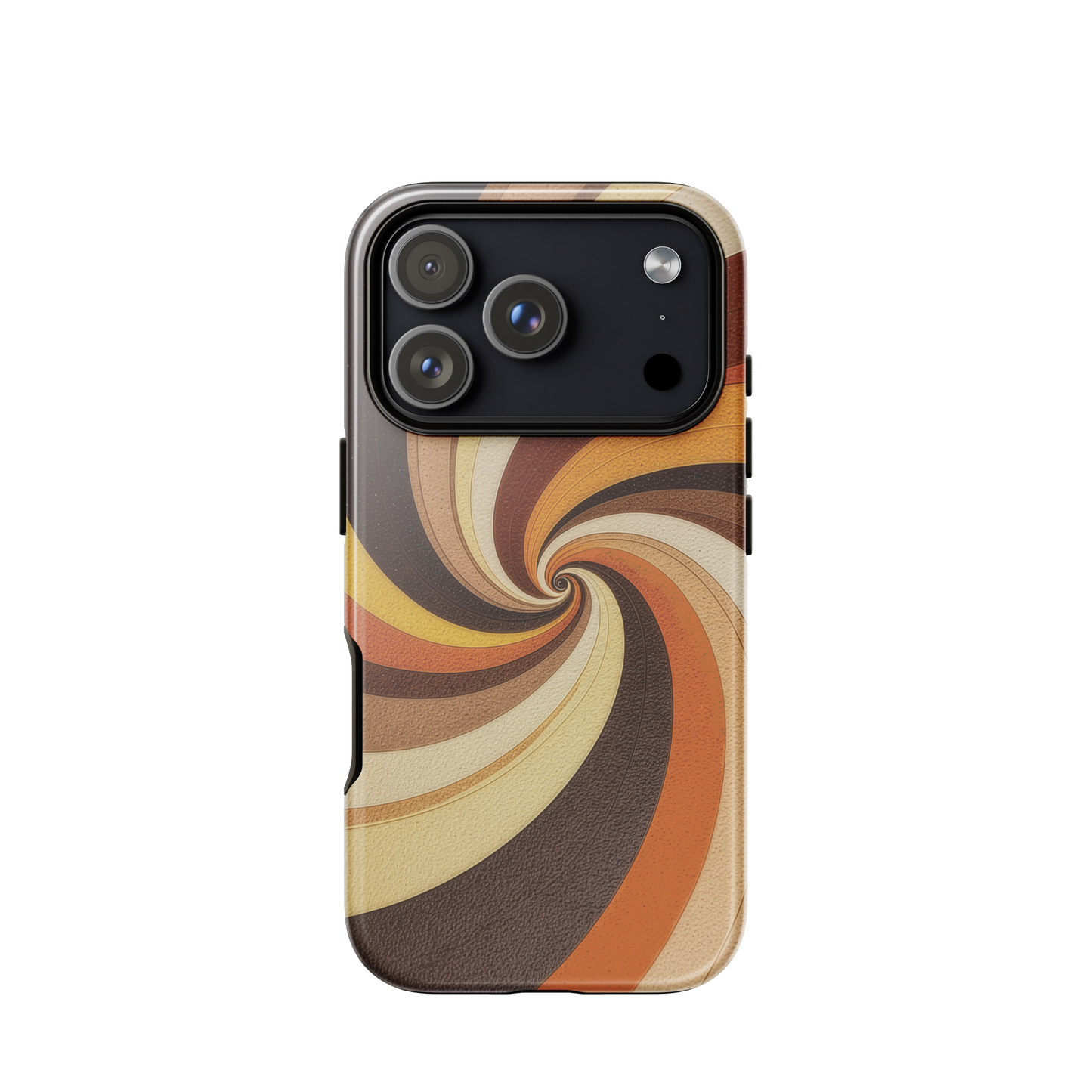 A retro-inspired phone case featuring warm swirling patterns in orange, yellow, and brown tones.