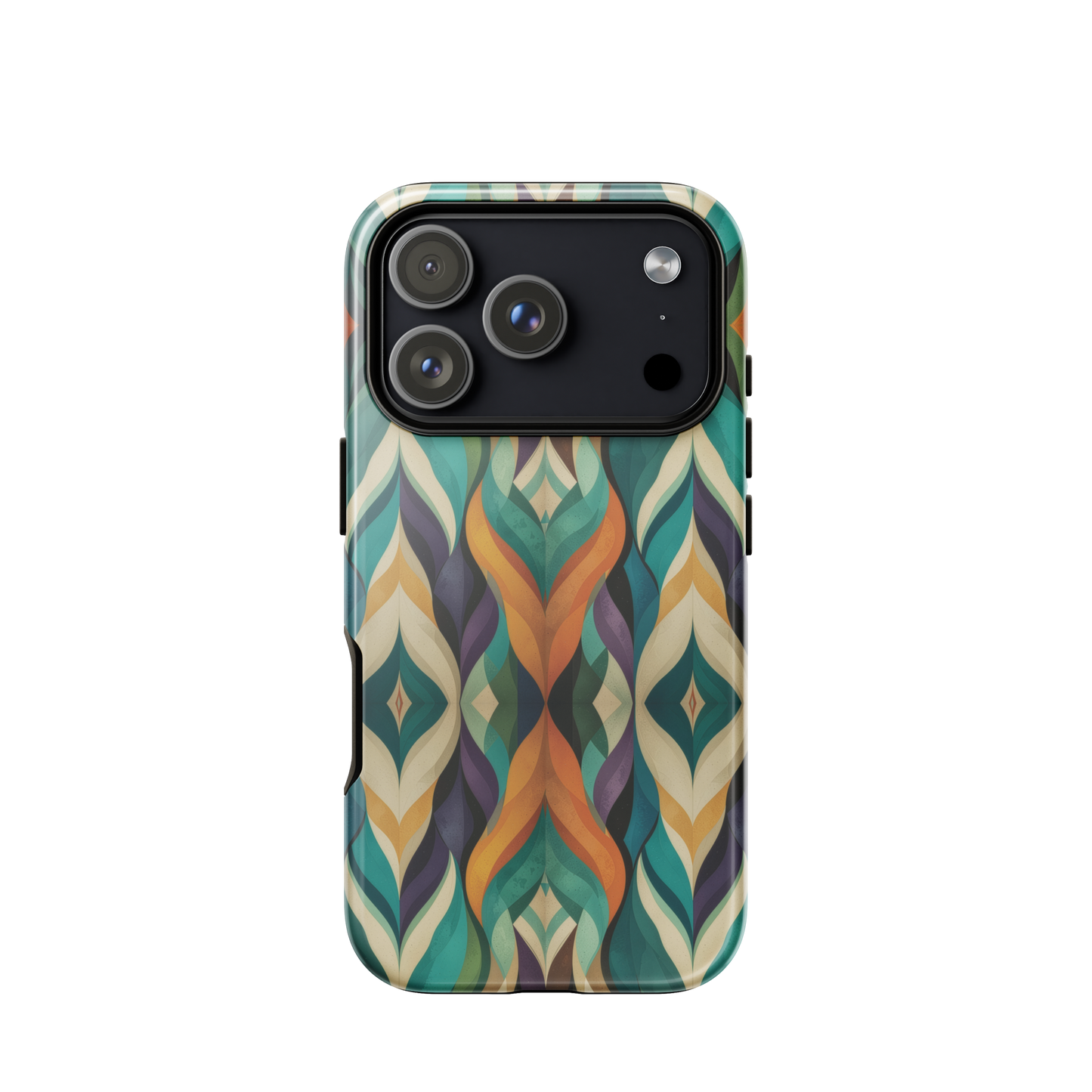 A bold geometric phone case featuring layered shapes in rich, earthy tones.