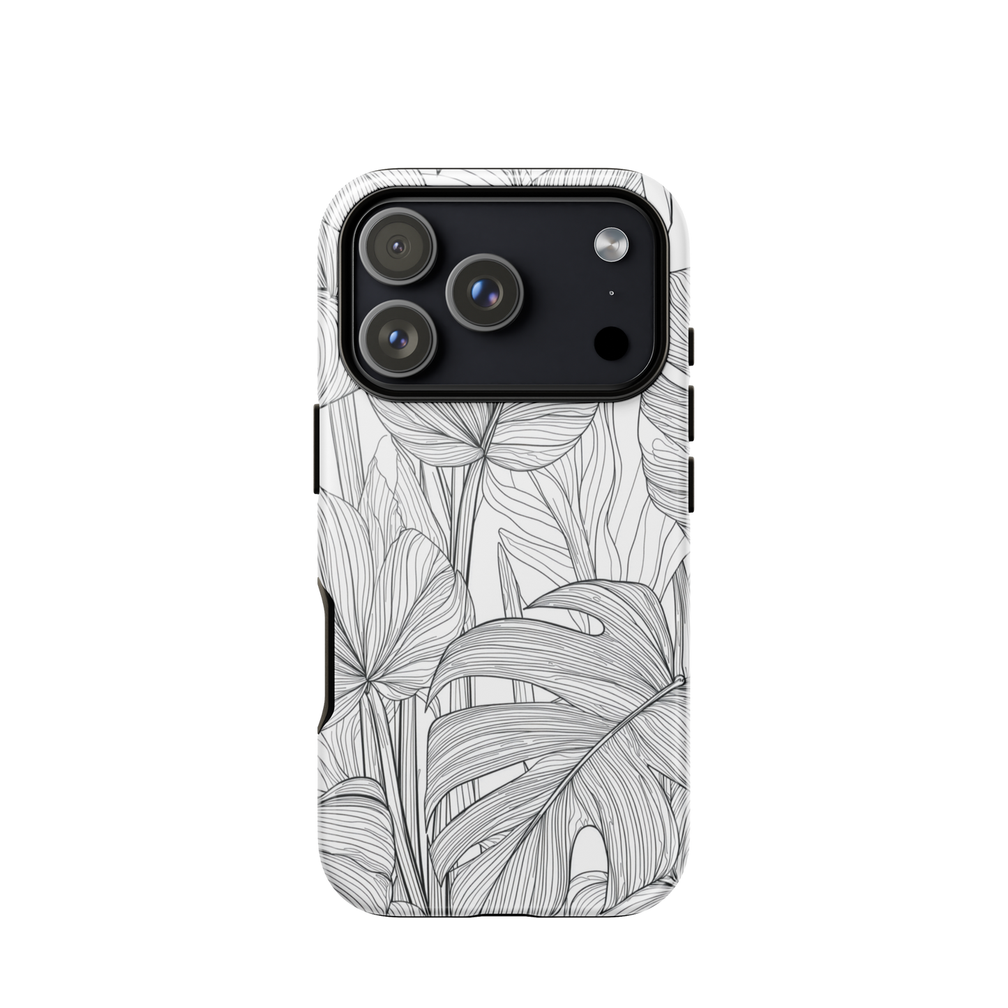 Minimal black and white tropical leaf designer phone case with detailed botanical line art
