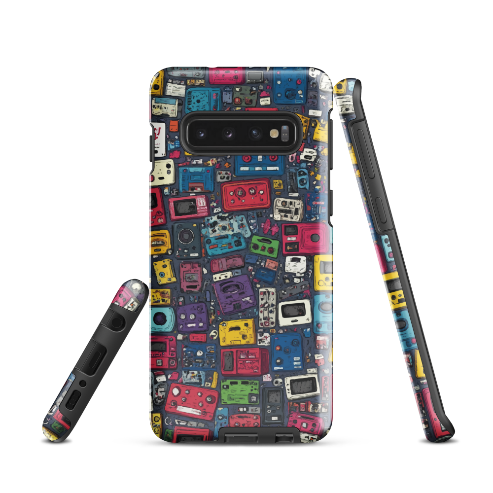 'Arcade' Samsung case, featuring a vibrant collage of hand-drawn controllers in bold, vintage-inspired colours. From electric blue and hot pink to classic black and yellow