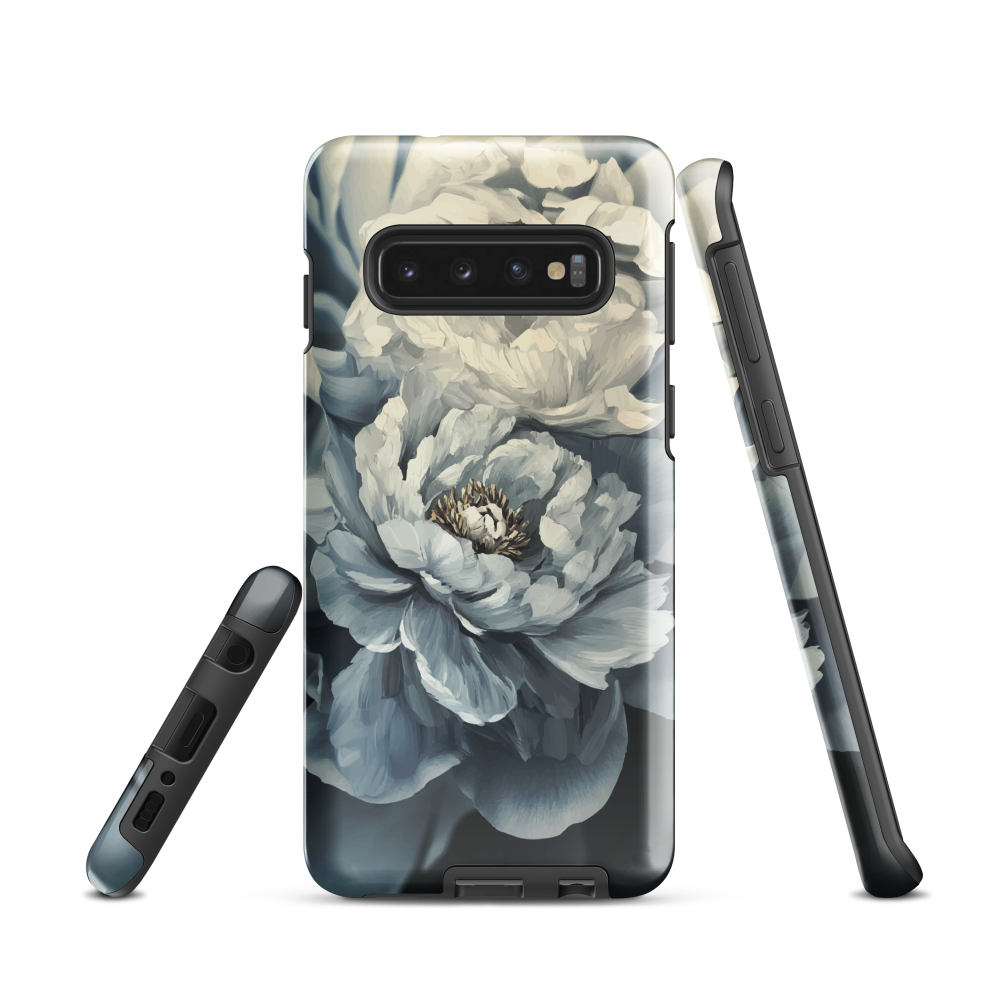 'Whisper' Samsung case features a stunning close-up of softly painted peony blooms in dreamy shades of ivory, grey, and smoky blue.