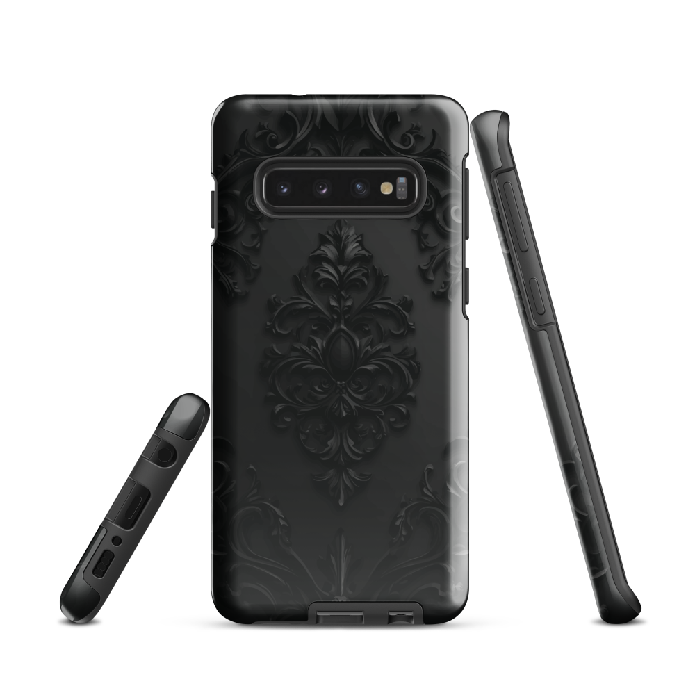Black embossed damask phone case with gothic baroque pattern.