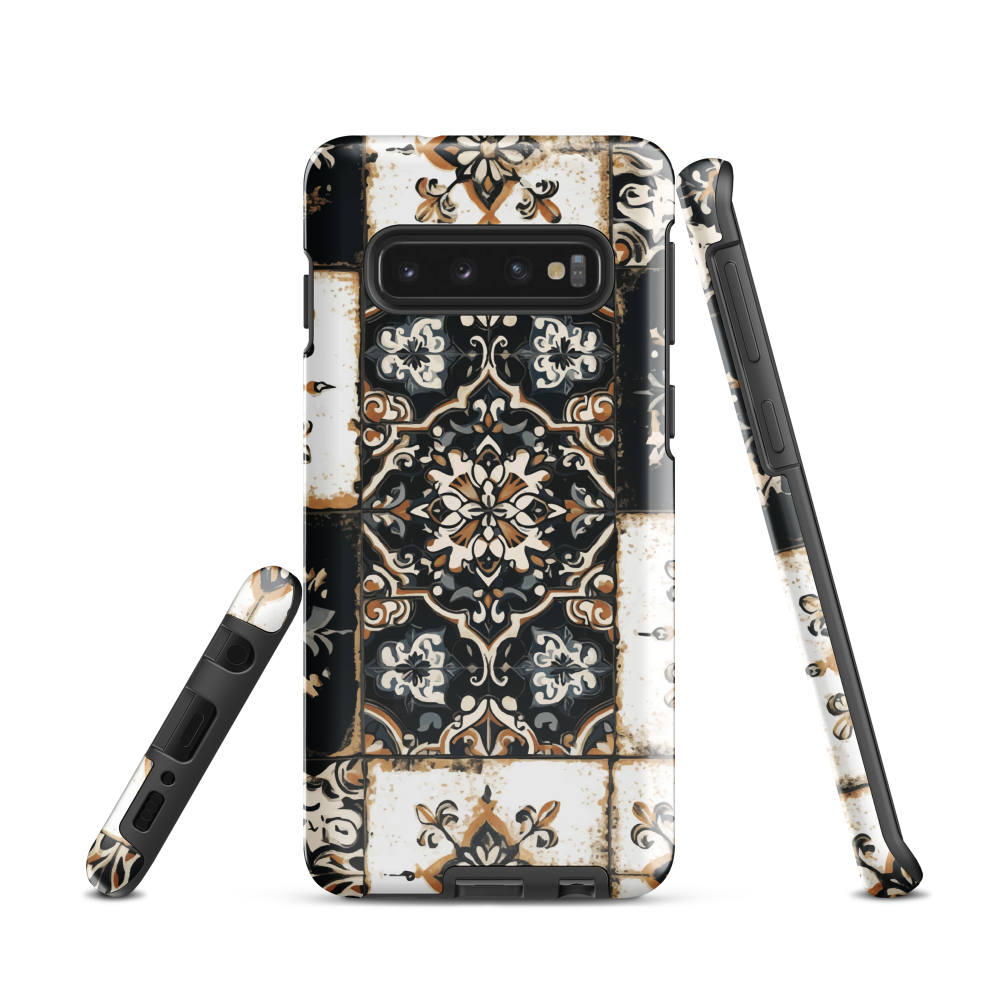 Moroccan tile pattern phone case in black, white, and gold tones with vintage-inspired design.