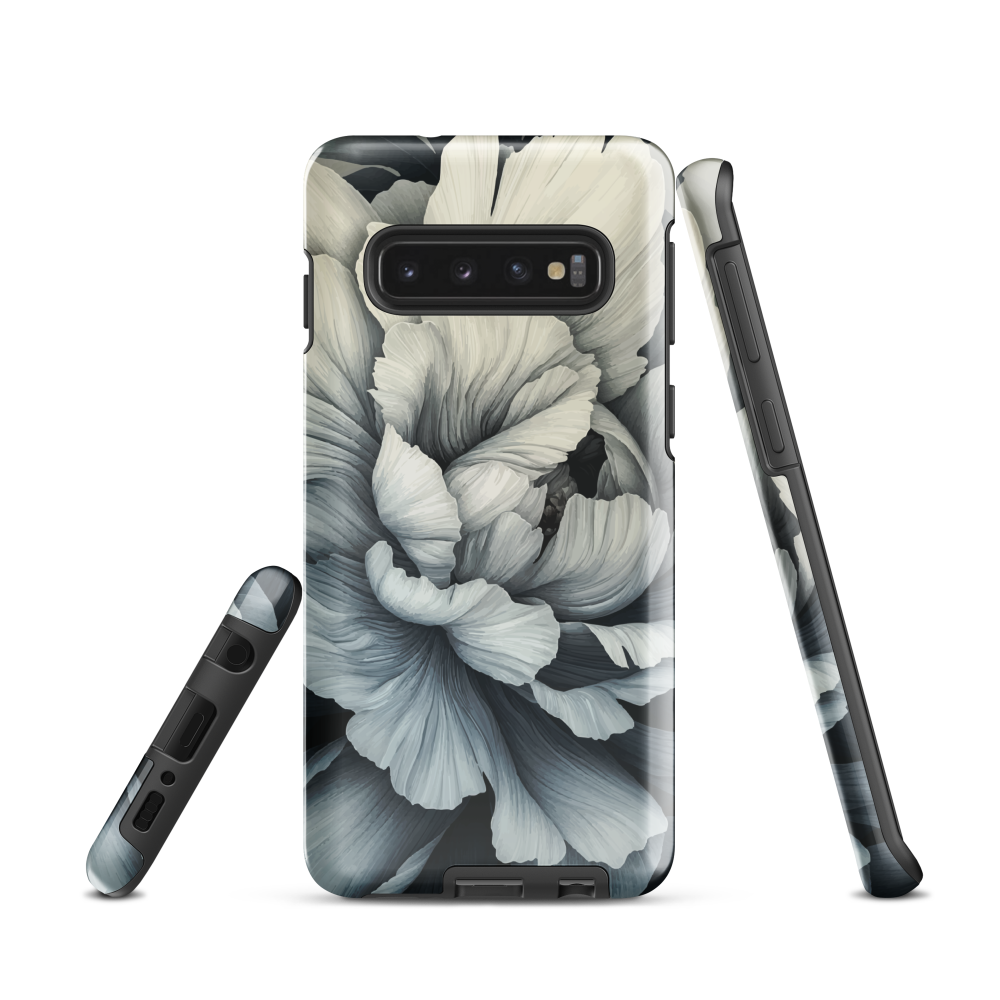 Black and white floral phone case featuring a soft, moody peony design by New Zealand artist Ben Hart.