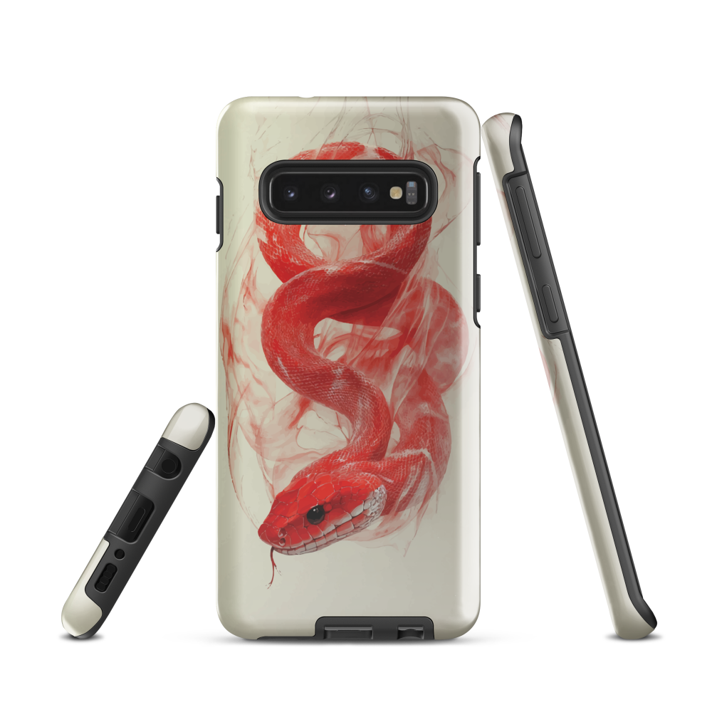 Phone case with red snake design on a cream background, coiled in smoky detail. Bold artwork by NZ designer Ben Hart.