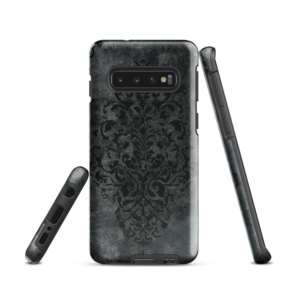 Dark damask patterned phone case with a vintage gothic aesthetic and textured stone background.