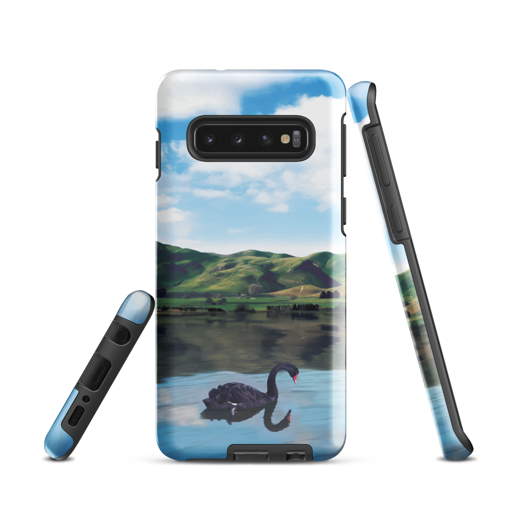 Phone case with a black swan on a calm lake, New Zealand hills in the background. Art by NZ designer Ben Hart.