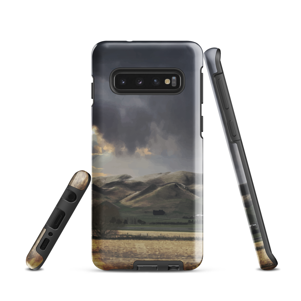 Designer phone case with NZ landscape painting of Te Hauke and cloudy skies by Ben Hart.