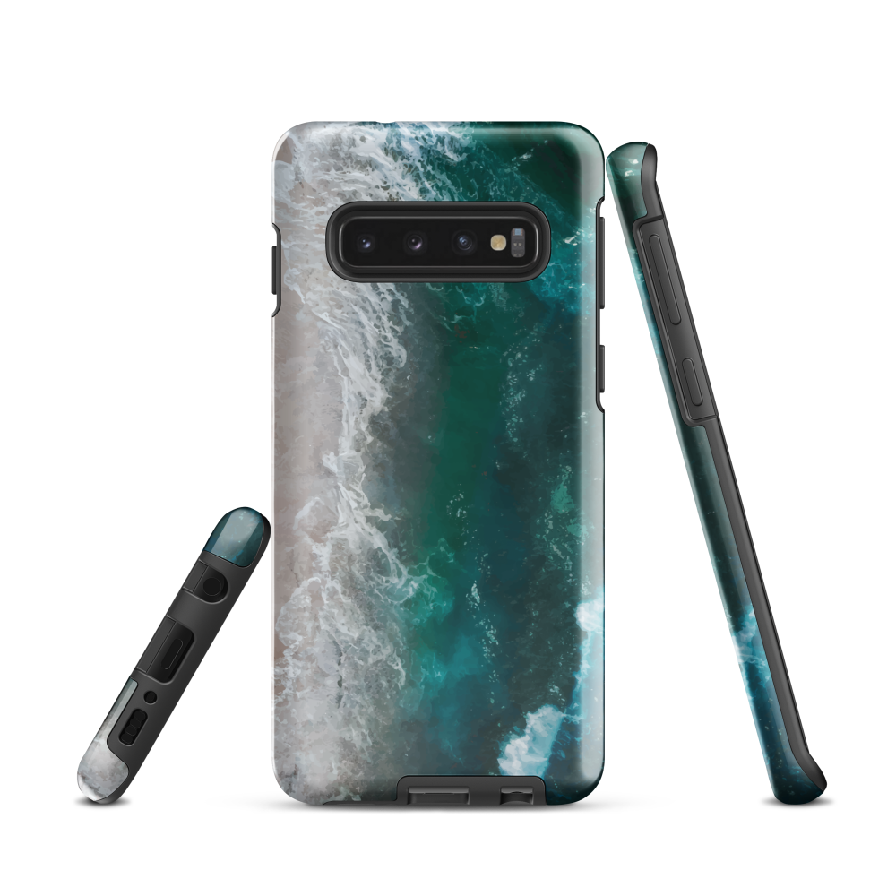 Ocean wave phone case with abstract beach design in teal and white, by NZ artist Ben Hart.