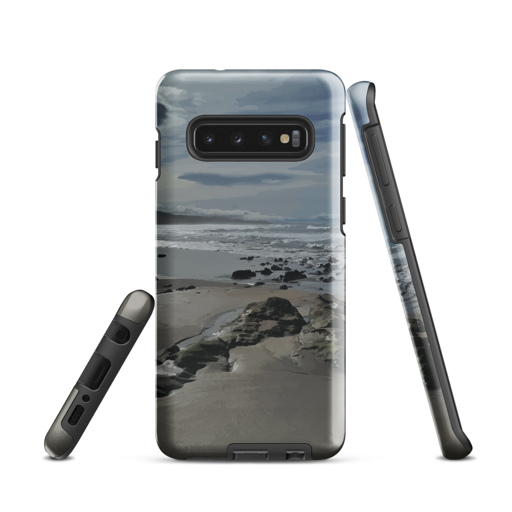 Phone case with artwork of Riversdale Beach, Masterton – rocks, waves and sky by NZ artist Ben Hart.