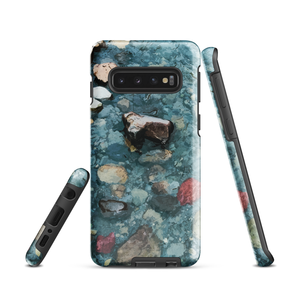 Washed Away designer phone case with abstract river stone artwork in earthy blues and natural tones.