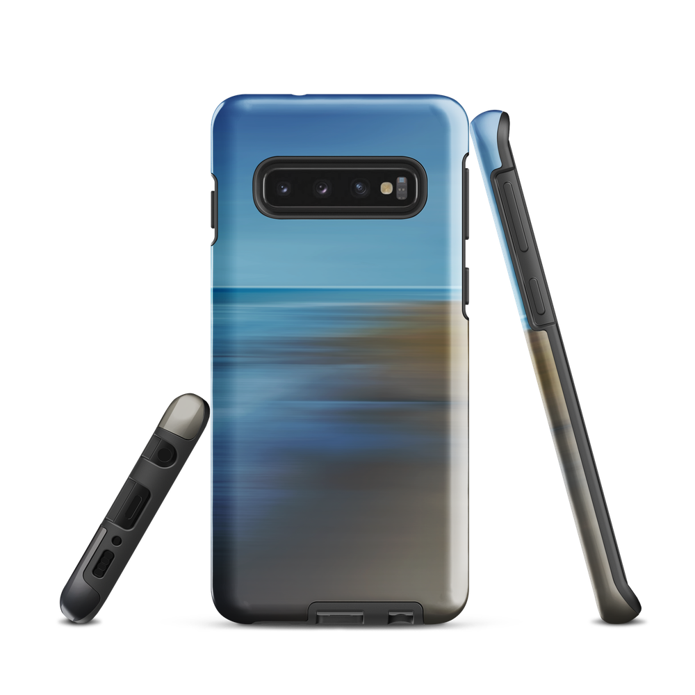 Ocean Breeze phone case with abstract blue and sandy tones inspired by sea and sky.