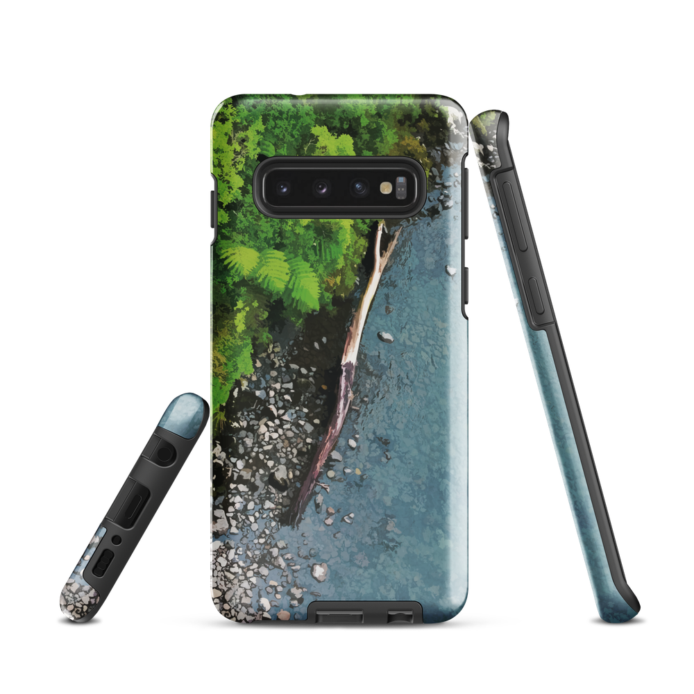 Resting Place phone case with aerial artwork of river rocks, green bush, and driftwood in a New Zealand stream.