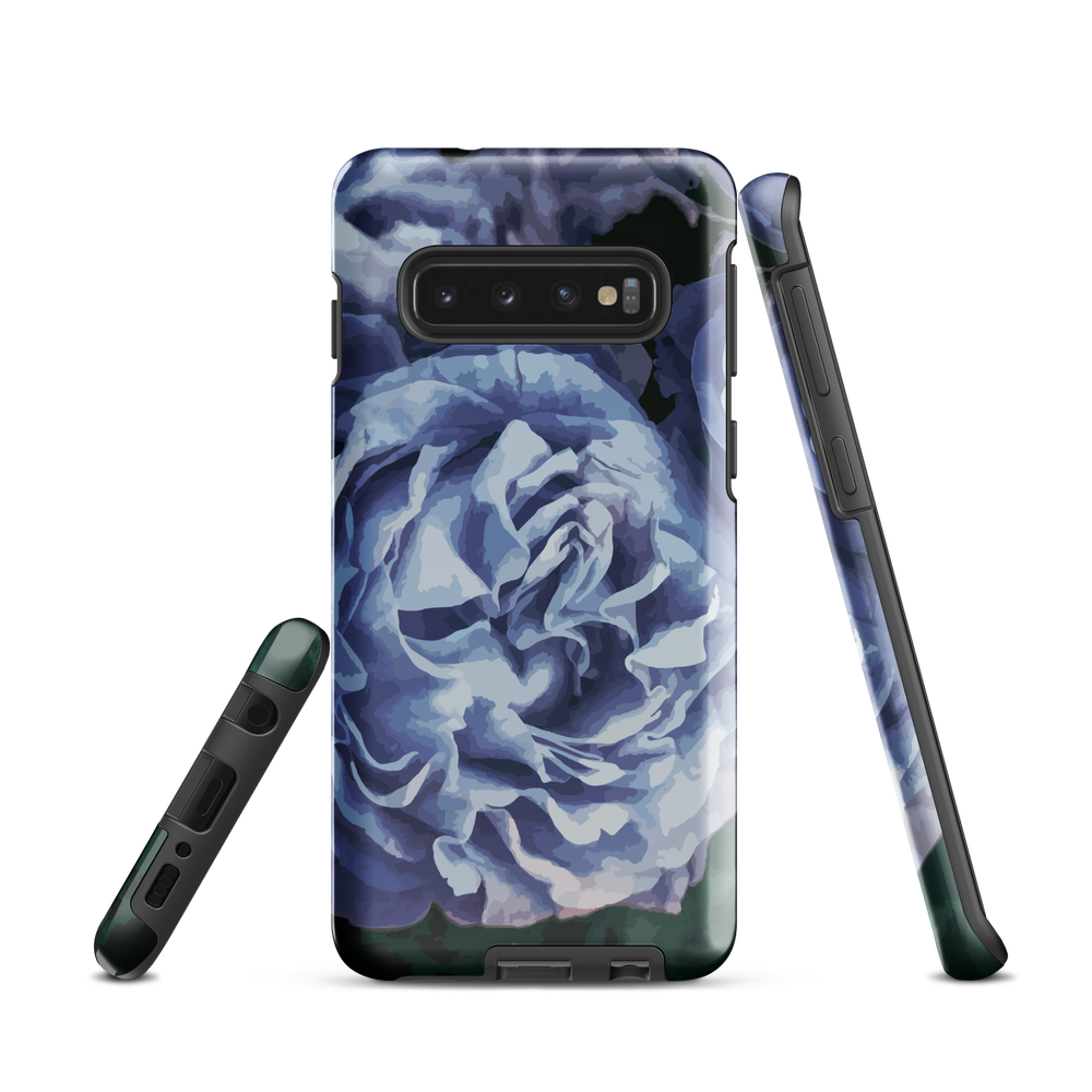 Designer phone case with a bold blue rose artwork and glossy finish.