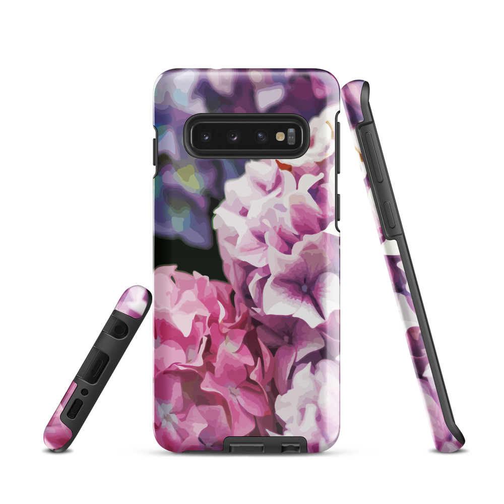 Designer phone case with pink and purple hydrangea floral artwork.