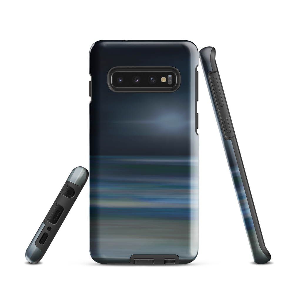 Dark abstract phone case with blue and grey streaks and glossy finish.