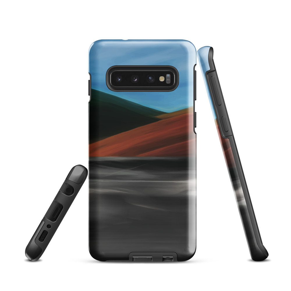 Phone case with abstract red, green, and blue heat wave landscape design.