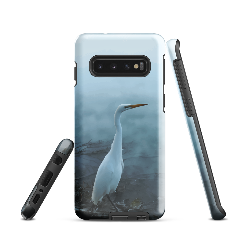Phone case with a white heron standing in a misty wetland scene.