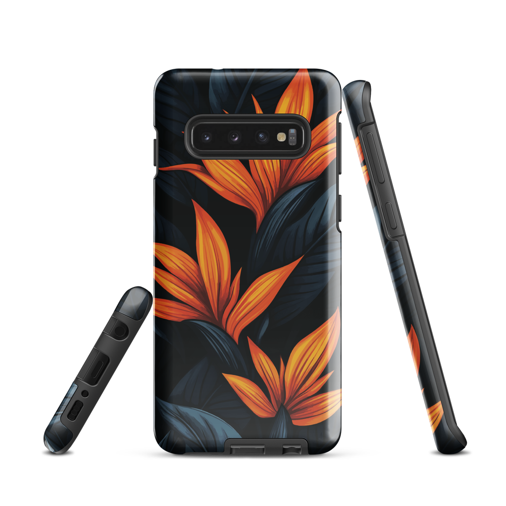 Phone case with bold orange bird of paradise flowers on dark background.