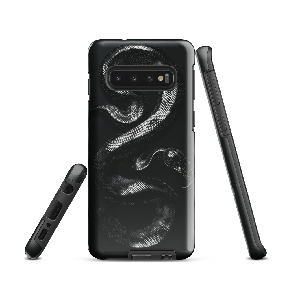 Phone case with detailed black python design on dark background.
